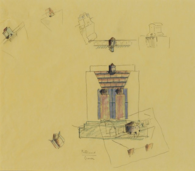 Michael Graves: Portland Building, preliminary coloured pencil study of general elevation, with perspective and other sketches for a proposed cupola, 1980